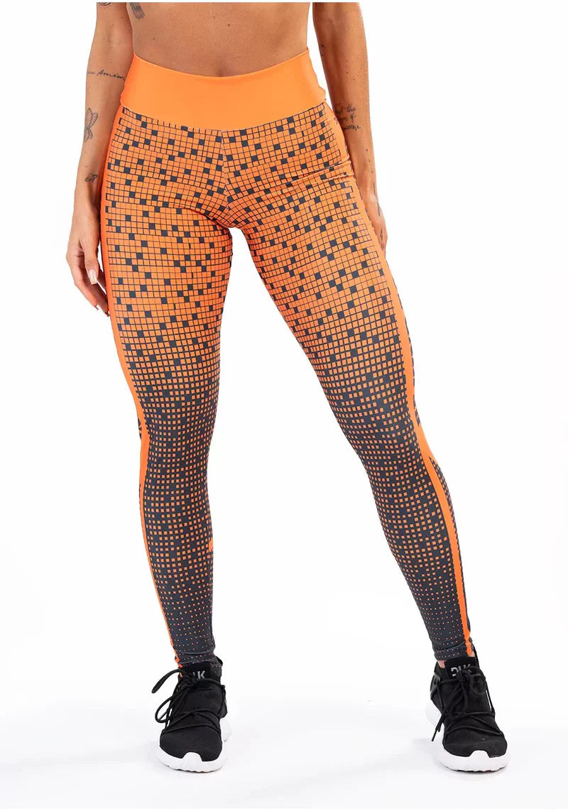 KIT LEGGING + TOP FITNESS FEMININO NEW PRINTED ESTAMPADO GRADIENTE SQUARE LARANJA