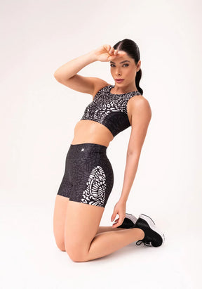 Kit Top + Short fitness feminino estampado arabesco preto e nude printed