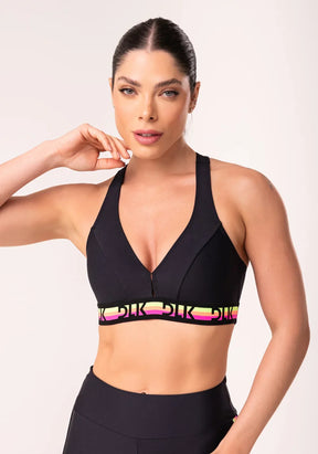 KIT SHORT + Top fitness feminino preto nadador com elástico colorido action